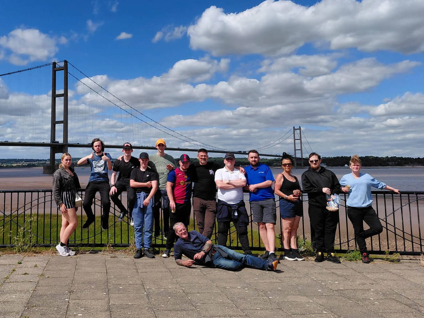 An image showing one of CatZero's Employability groups in front of the Humber Bridge on a sunny day